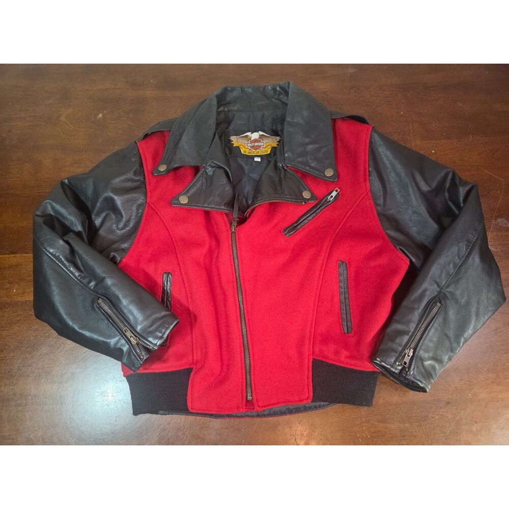 ​Harley Davidson Womens Vintage Wool Leather Biker Jacket Medium Red Black